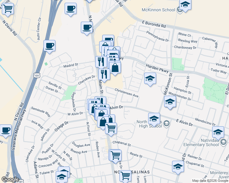 map of restaurants, bars, coffee shops, grocery stores, and more near 1536 Wheeler Drive in Salinas