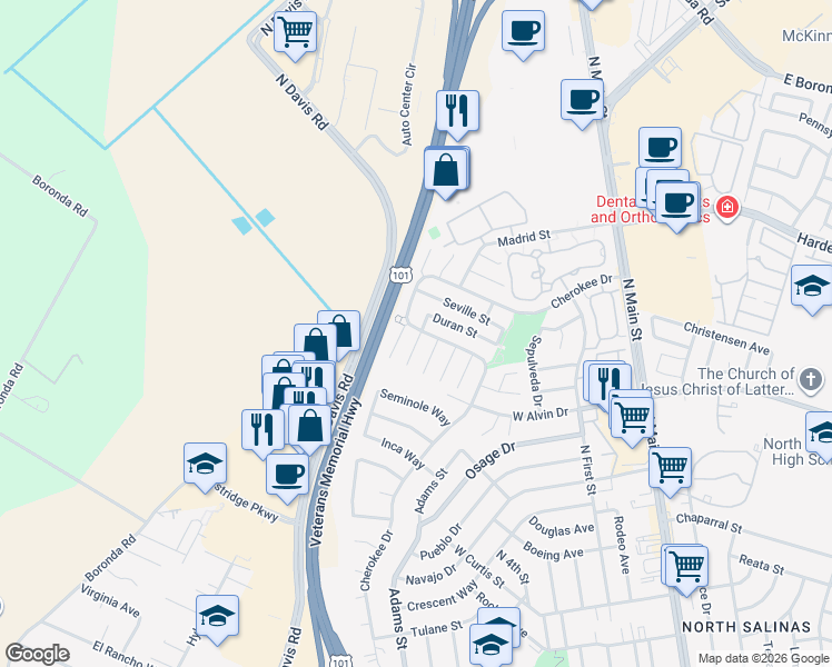 map of restaurants, bars, coffee shops, grocery stores, and more near 1516 Caceras Circle in Salinas