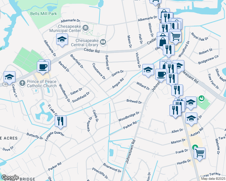map of restaurants, bars, coffee shops, grocery stores, and more near 343 Angus Road in Chesapeake