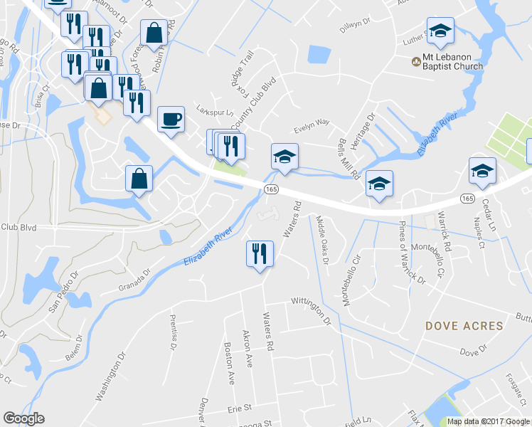 map of restaurants, bars, coffee shops, grocery stores, and more near 933 Cedar Road in Chesapeake
