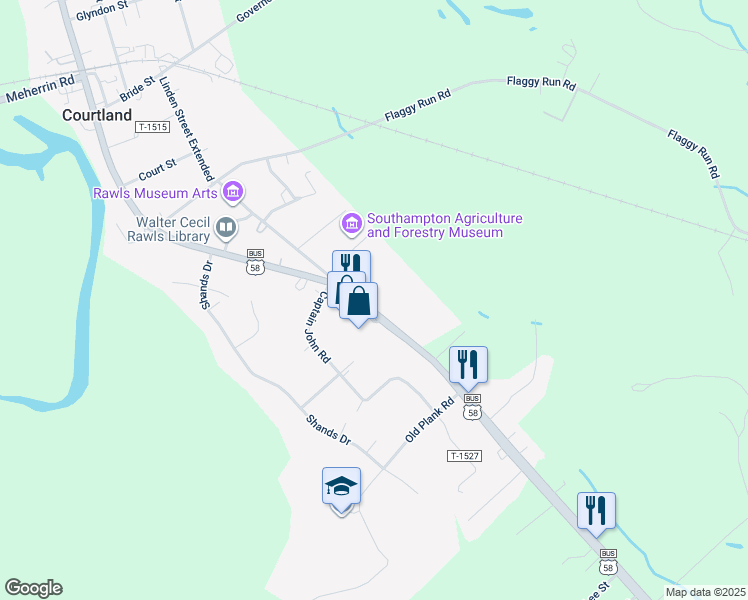 map of restaurants, bars, coffee shops, grocery stores, and more near 22715 Main Street in Courtland