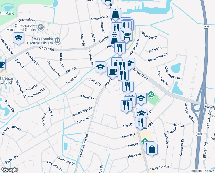 map of restaurants, bars, coffee shops, grocery stores, and more near 1 North Kingsbridge Place in Chesapeake