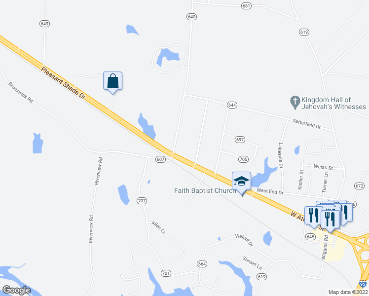 map of restaurants, bars, coffee shops, grocery stores, and more near 79 Ruritan Drive in Emporia