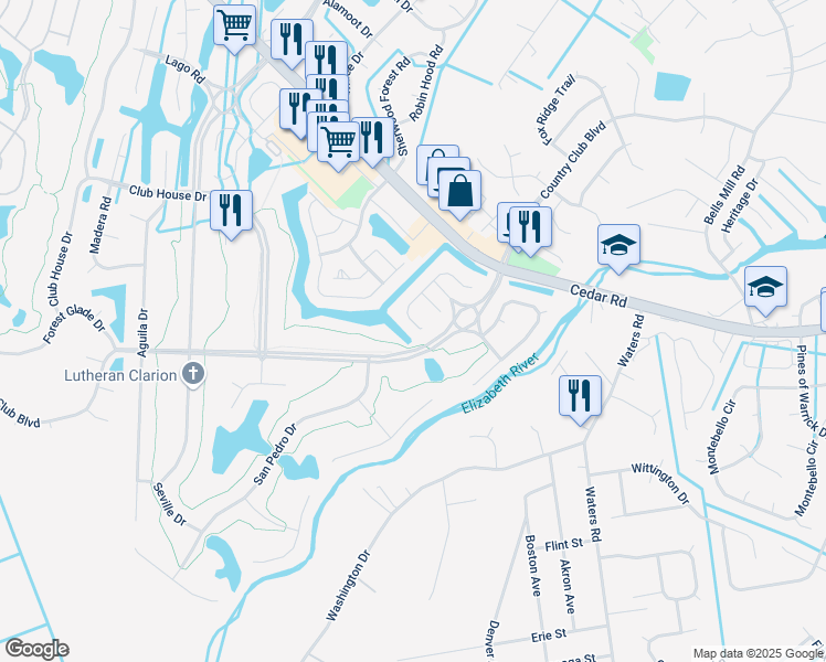 map of restaurants, bars, coffee shops, grocery stores, and more near 460 San Roman Drive in Chesapeake