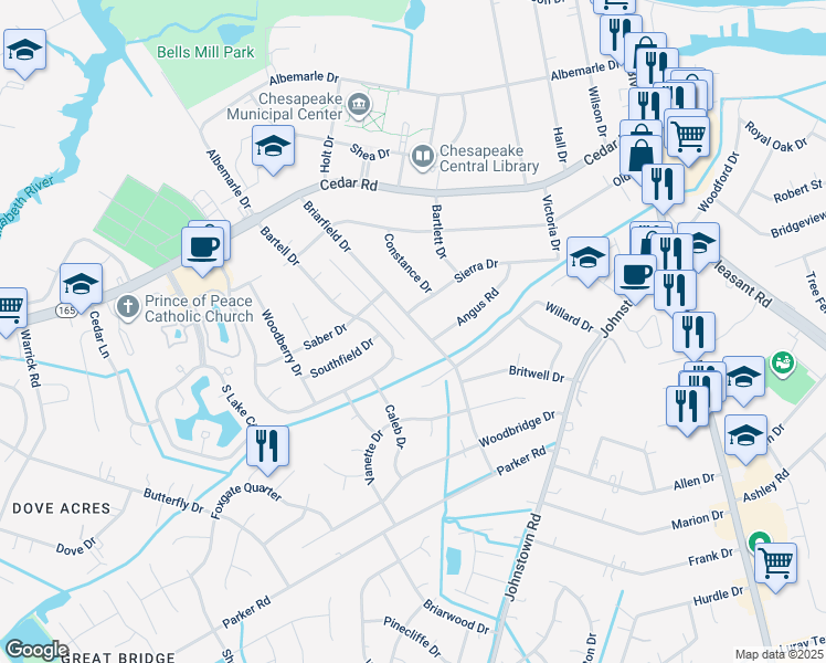 map of restaurants, bars, coffee shops, grocery stores, and more near 404 Briarfield Drive in Chesapeake