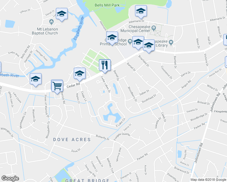 map of restaurants, bars, coffee shops, grocery stores, and more near 511 East Lake Circle in Chesapeake