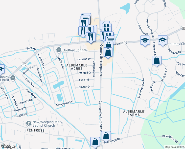 map of restaurants, bars, coffee shops, grocery stores, and more near 500 Corapeake Drive in Chesapeake