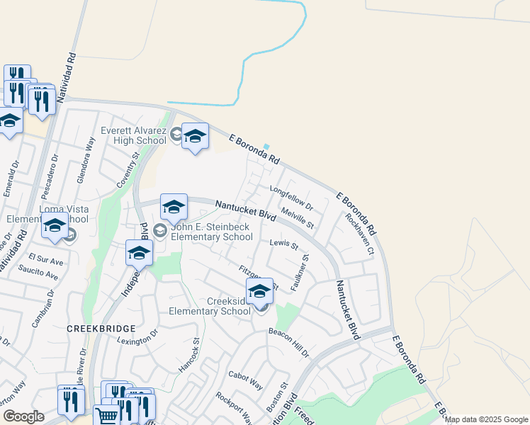 map of restaurants, bars, coffee shops, grocery stores, and more near Nantucket Boulevard & Hemingway Drive in Salinas