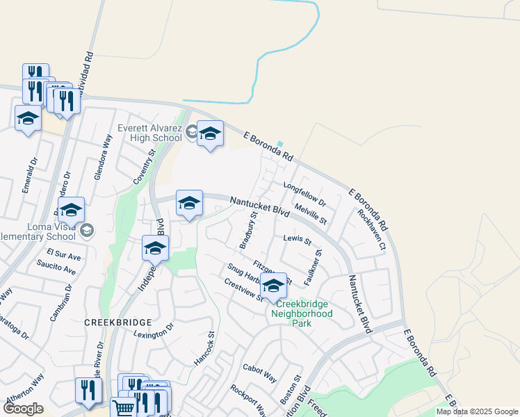 map of restaurants, bars, coffee shops, grocery stores, and more near 1898 Bradbury Street in Salinas