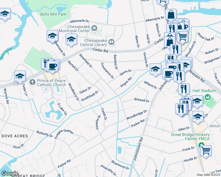 map of restaurants, bars, coffee shops, grocery stores, and more near 404 Briarfield Drive in Chesapeake