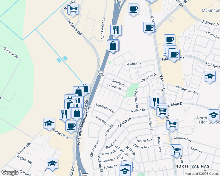 map of restaurants, bars, coffee shops, grocery stores, and more near 1588 Cherokee Drive in Salinas
