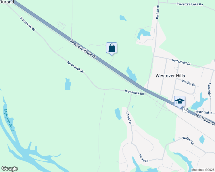 map of restaurants, bars, coffee shops, grocery stores, and more near 379 Brunswick Road in Emporia