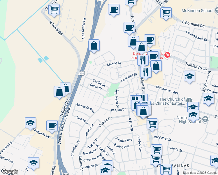 map of restaurants, bars, coffee shops, grocery stores, and more near 1600 Seville Street in Salinas