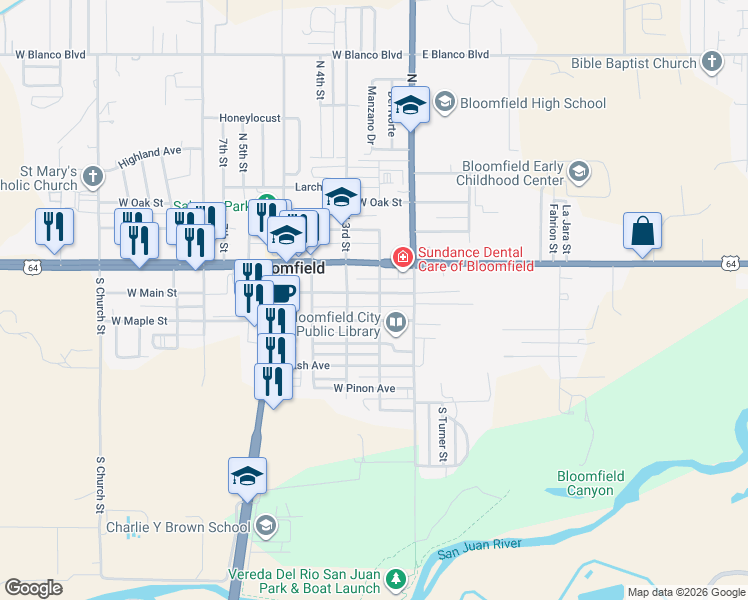 map of restaurants, bars, coffee shops, grocery stores, and more near 107 South 2nd Street in Bloomfield