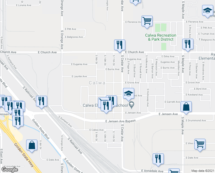 map of restaurants, bars, coffee shops, grocery stores, and more near 2513 South 10th Street in Fresno