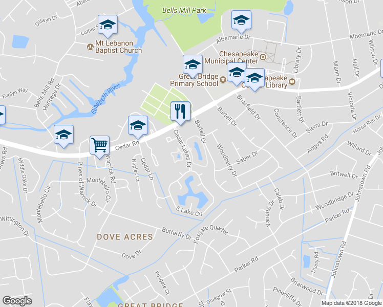 map of restaurants, bars, coffee shops, grocery stores, and more near 328 East Lake Circle in Chesapeake