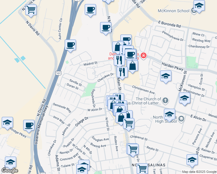 map of restaurants, bars, coffee shops, grocery stores, and more near 1840 Cherokee Drive in Salinas