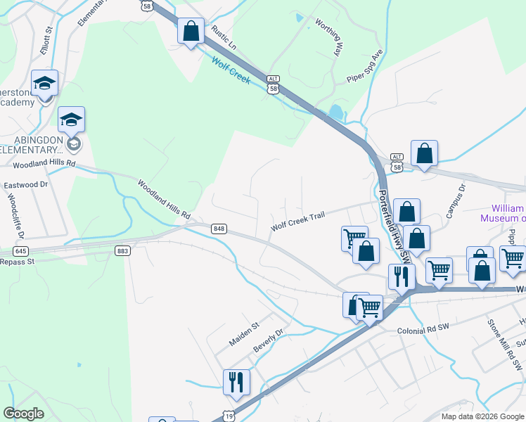 map of restaurants, bars, coffee shops, grocery stores, and more near 522 Cherry Hill Drive in Abingdon