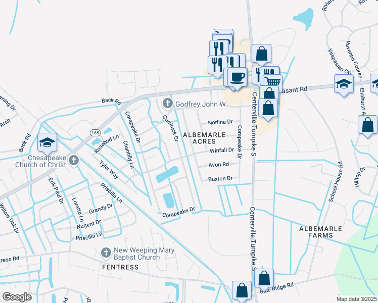 map of restaurants, bars, coffee shops, grocery stores, and more near 448 Fairfield Drive in Chesapeake