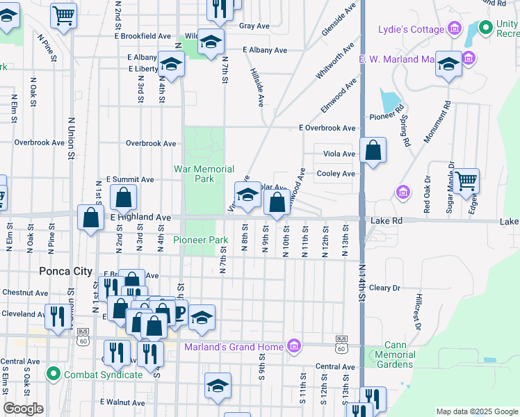 map of restaurants, bars, coffee shops, grocery stores, and more near 815 East Highland Avenue in Ponca City