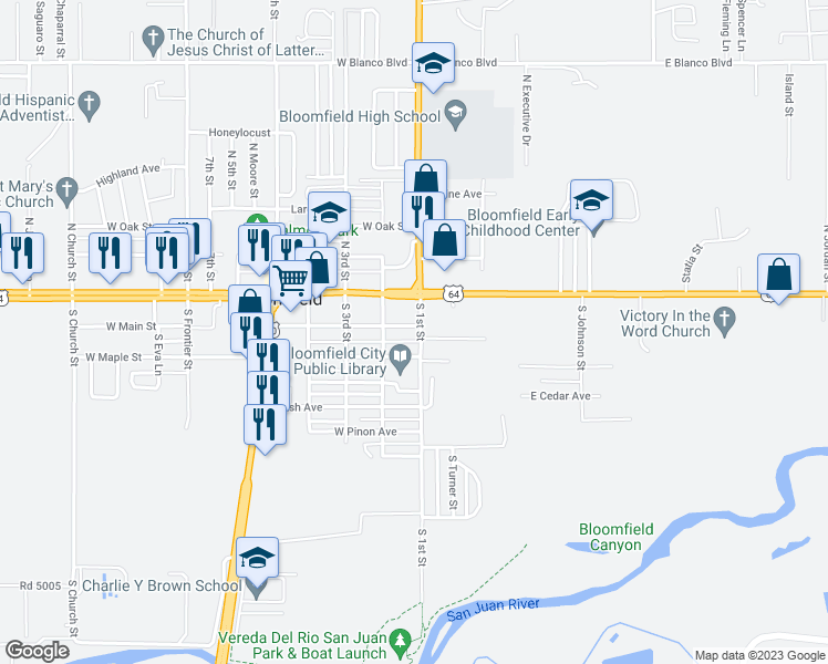 map of restaurants, bars, coffee shops, grocery stores, and more near 105 West Main Street in Bloomfield