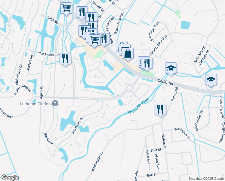 map of restaurants, bars, coffee shops, grocery stores, and more near 452 San Roman Drive in Chesapeake