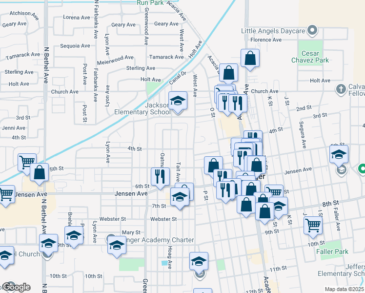 map of restaurants, bars, coffee shops, grocery stores, and more near 1710 4th Street in Sanger