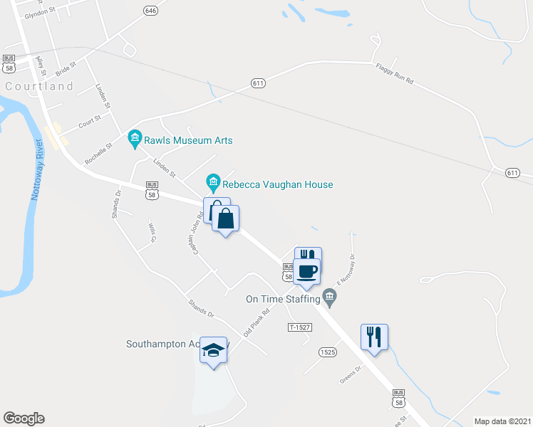 map of restaurants, bars, coffee shops, grocery stores, and more near 22715 Main Street in Courtland