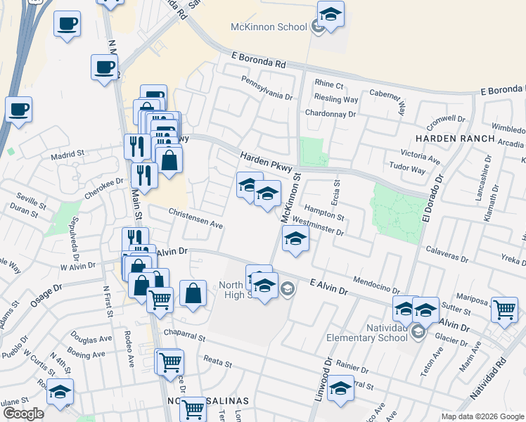 map of restaurants, bars, coffee shops, grocery stores, and more near 1561 McKinnon Street in Salinas