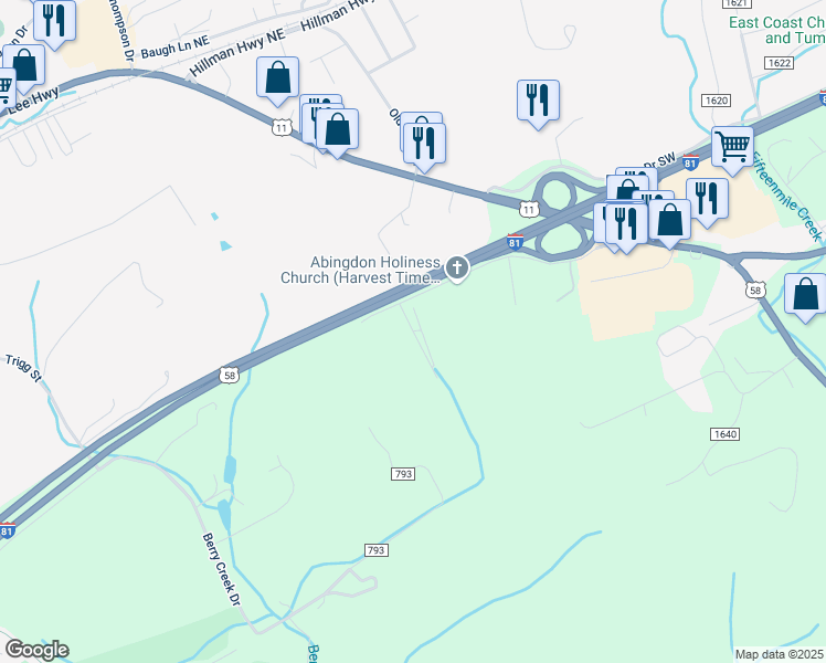 map of restaurants, bars, coffee shops, grocery stores, and more near 16446 Canyon Drive in Abingdon