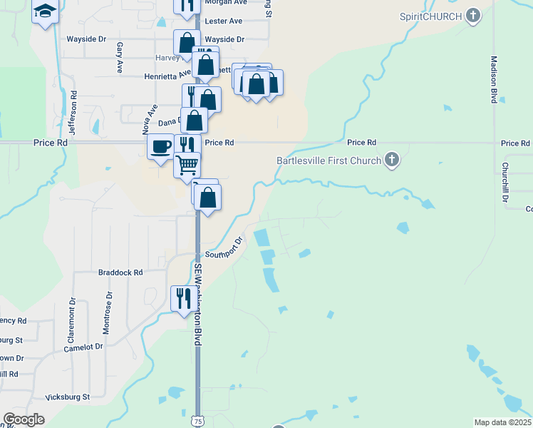 map of restaurants, bars, coffee shops, grocery stores, and more near 4101 Starboard Court in Bartlesville