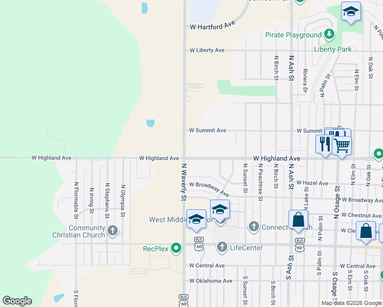 map of restaurants, bars, coffee shops, grocery stores, and more near 601 North Waverly Street in Ponca City