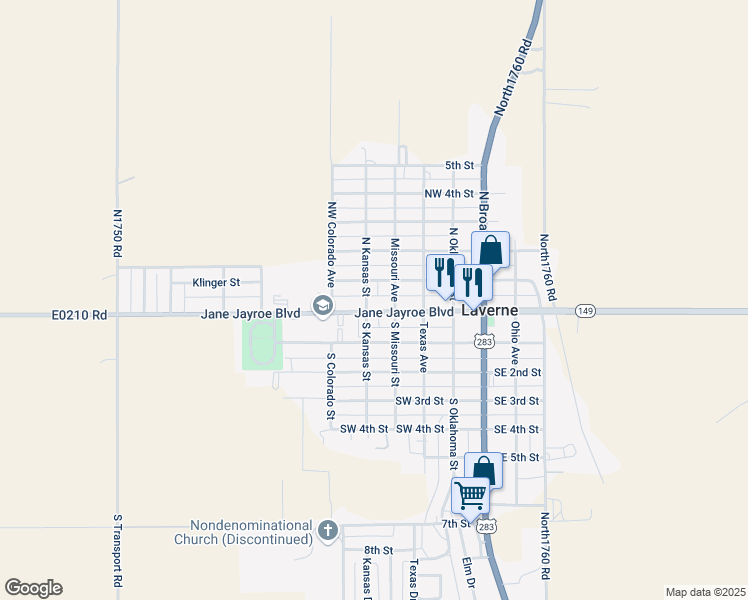 map of restaurants, bars, coffee shops, grocery stores, and more near 417 Jane Jayroe Boulevard in Laverne