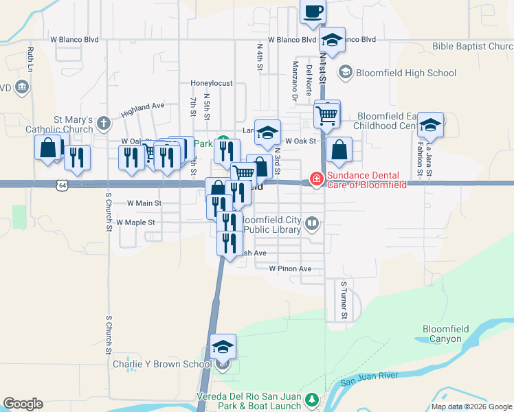 map of restaurants, bars, coffee shops, grocery stores, and more near 325 West Main Street in Bloomfield