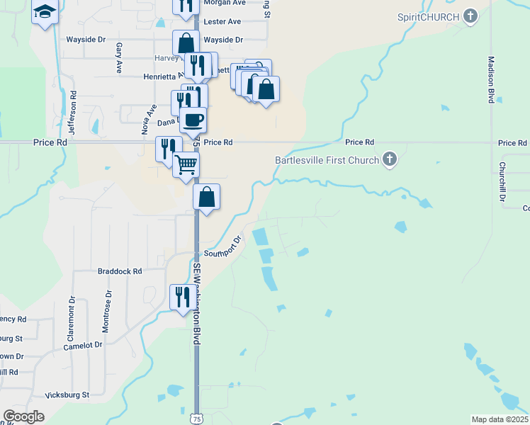 map of restaurants, bars, coffee shops, grocery stores, and more near 4101 Starboard Court in Bartlesville