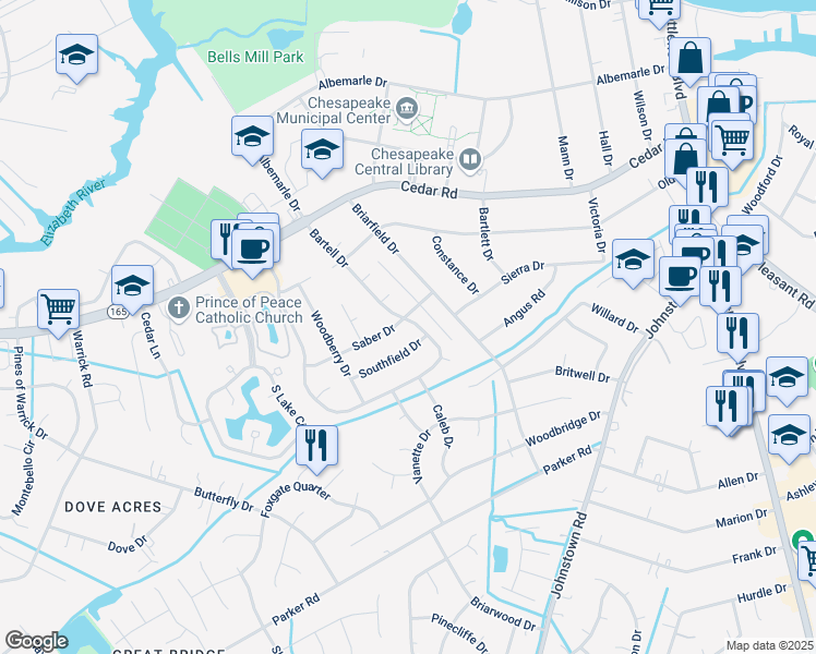 map of restaurants, bars, coffee shops, grocery stores, and more near 400 Bartell Drive in Chesapeake
