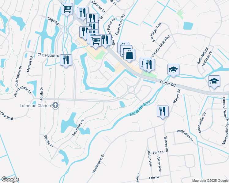 map of restaurants, bars, coffee shops, grocery stores, and more near 452 San Roman Drive in Chesapeake