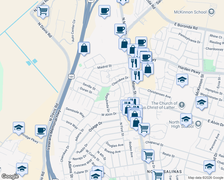 map of restaurants, bars, coffee shops, grocery stores, and more near 1538 Sepulveda Drive in Salinas
