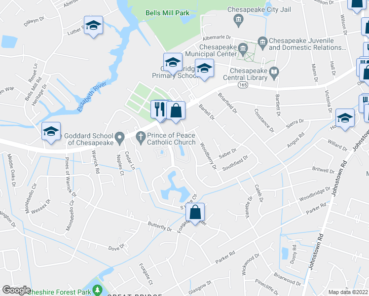 map of restaurants, bars, coffee shops, grocery stores, and more near 453 East Lake Circle in Chesapeake