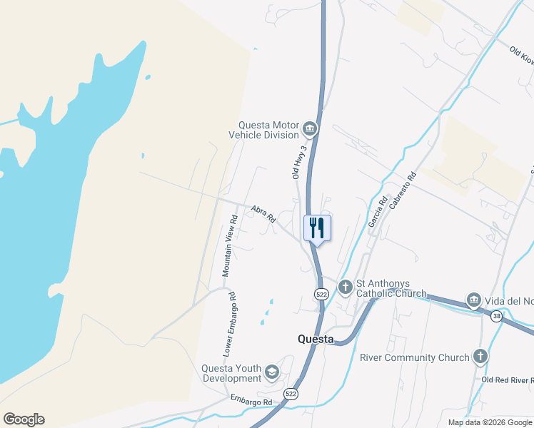 map of restaurants, bars, coffee shops, grocery stores, and more near 2-12 Abra Road in Questa