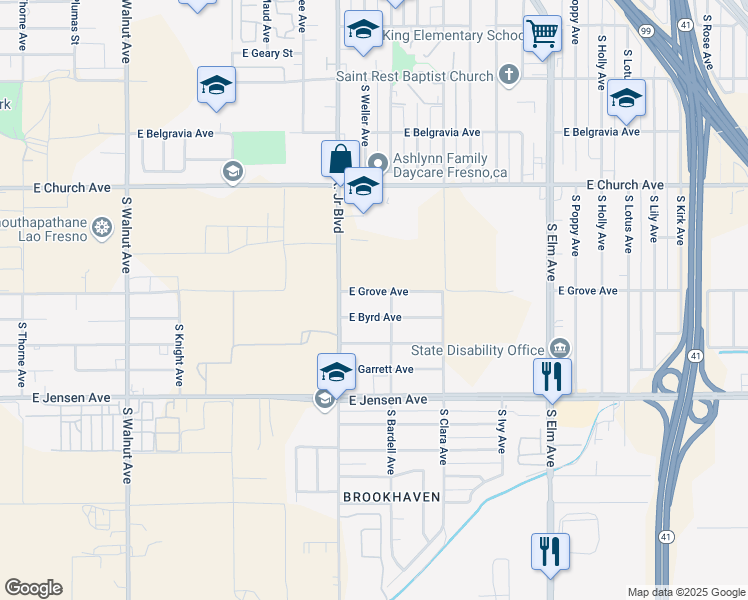map of restaurants, bars, coffee shops, grocery stores, and more near 944 East Byrd Avenue in Fresno