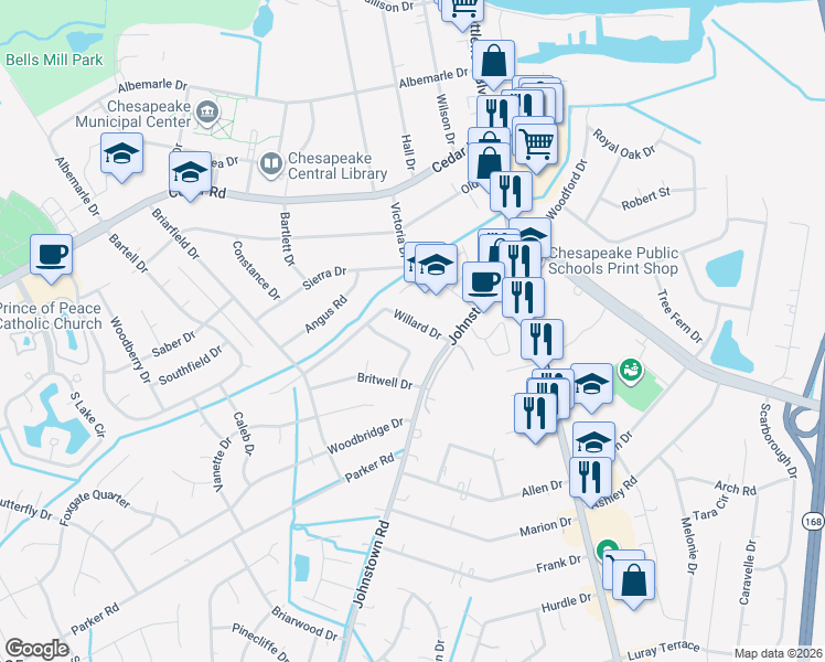 map of restaurants, bars, coffee shops, grocery stores, and more near 213 Hallbridge Drive in Chesapeake