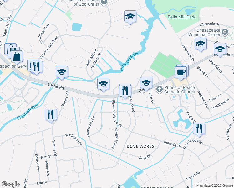 map of restaurants, bars, coffee shops, grocery stores, and more near 673 Cedar Road in Chesapeake