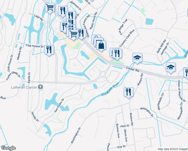 map of restaurants, bars, coffee shops, grocery stores, and more near 475 San Roman Drive in Chesapeake