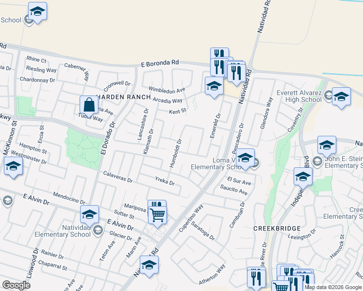 map of restaurants, bars, coffee shops, grocery stores, and more near 1752 Humboldt Drive in Salinas