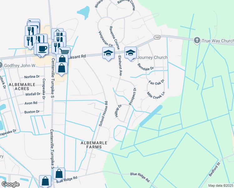 map of restaurants, bars, coffee shops, grocery stores, and more near 1601 Burton Place in Chesapeake