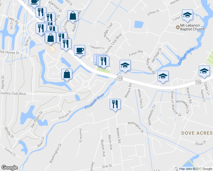 map of restaurants, bars, coffee shops, grocery stores, and more near 428 Moores Landing in Chesapeake