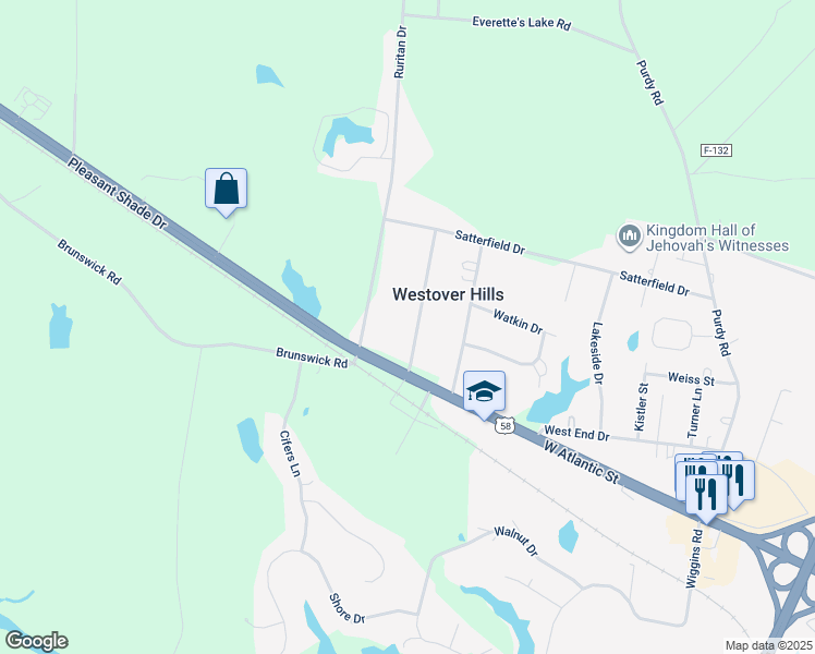 map of restaurants, bars, coffee shops, grocery stores, and more near 601 Westover Drive in Emporia