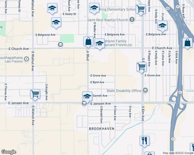 map of restaurants, bars, coffee shops, grocery stores, and more near 944 East Byrd Avenue in Fresno