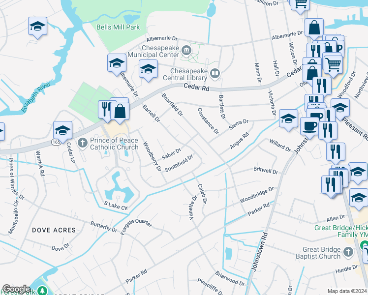 map of restaurants, bars, coffee shops, grocery stores, and more near 400 Bartell Drive in Chesapeake